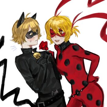 1boy 1girl alternate_costume animal_ears bell black_leotard black_shirt blonde_hair blush cat_boy cat_ears cat_tail chat_noir chat_noir_(cosplay) cosplay couple cowboy_shot don_quixote_(project_moon) flower gloves hetero highres jingle_bell kefir1704 ladybug_(miraculous_ladybug) ladybug_(miraculous_ladybug)_(cosplay) leotard limbus_company mask miraculous_ladybug one_eye_closed open_mouth project_moon red_flower red_leotard red_rose red_shirt rose shirt short_hair simple_background sinclair_(project_moon) sweat tail white_background yellow_eyes