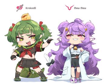 2girls absurdres anger_vein animal animal_ear_fluff animal_on_head animal_slippers armband bell bird bird_on_head black_bow black_gloves black_skirt black_socks bow center_frills chibi coat comdost commentary cow_girl cow_horns cow_tail cowbell crocodile_girl crocodilian_tail english_commentary fingerless_gloves frills gloves green_eyes green_hair green_shoes hair_ribbon highres horns kneehighs lab_coat long_hair midriff mole mole_on_cheek multiple_girls muu_muyu navel neckerchief nitya_nil on_head open_clothes open_coat open_mouth phase_connect pink_eyes purple_hair red_armband red_neckerchief red_ribbon ribbon shadow sharp_teeth shoes skirt slippers socks tail tail_bow tail_ornament teeth two_side_up virtual_youtuber