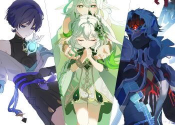 2boys 2girls armlet asymmetrical_bangs bare_shoulders behind_another belt black_belt black_bodysuit black_bow black_hair black_shorts bloomers blue_eyes blue_hair blue_kimono blue_sleeves blunt_ends bodysuit bow braid bright_pupils choppy_bangs closed_eyes closed_mouth clothing_cutout colored_tips column_lineup commentary_request core covered_collarbone cross-shaped_pupils dark_skin detached_sleeves dottore_(exalted_master_of_the_heretical_path)_(genshin_impact) dottore_(genshin_impact) dress eye_mask eyelashes facing_down furisode genshin_impact gold_armlet gold_trim green_eyes green_sleeves hage_80 hair_between_eyes hakama hakama_shorts half-closed_eyes highres hip_vent japanese_clothes jewelry juban kimono layered_sleeves very_long_braid long_hair looking_at_another mandarin_collar mask multicolored_hair multiple_boys multiple_girls mystical_high_collar nahida_(genshin_impact) open_clothes open_hands open_kimono own_hands_together parted_lips pleated_shorts pointy_ears purple_hair purple_rope purple_sash rope rukkhadevata_(genshin_impact) sash scaramouche_(genshin_impact) short_dress short_sleeves shorts side_braid side_ponytail sidelocks single_off_shoulder smirk streaked_hair symbol-shaped_pupils tassel twitter_username underwear very_long_hair wanderer_(genshin_impact) white_background white_bloomers white_dress white_hair white_kimono white_mask white_mouth white_pupils white_sleeves