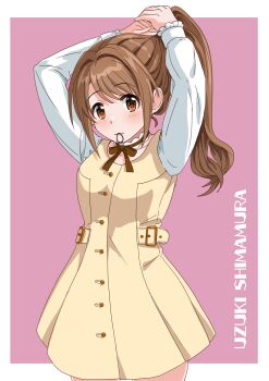 1girl belt_buckle blush border brown_eyes brown_hair buckle buttons character_name closed_mouth commentary_request cowboy_shot dress hair_intakes hair_tie hair_tie_in_mouth highres idolmaster idolmaster_cinderella_girls illustscody long_hair long_sleeves looking_at_viewer mouth_hold neck_ribbon outside_border parted_bangs pink_background ponytail red_ribbon ribbon shimamura_uzuki short_dress simple_background solo standing swept_bangs tying_hair white_border white_sleeves yellow_dress