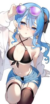 Rule 34 | 1girl, bikini, black bikini, blue hair, darjeeling (reley), glasses on head, highres, hololive, hoshimachi suisei, navel, shorts, single thighhigh, solo, sweat, swimsuit, thigh strap, thighhighs, torn clothes, torn shorts, virtual youtuber
