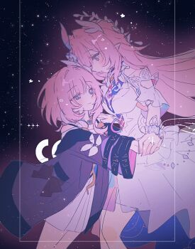 Rule 34 | 2girls, alt text, blue eyes, breasts, coat, commentary, cyrene (aedes elysiae) (honkai: star rail), cyrene (honkai: star rail), cyrene (ripples of past reverie) (honkai: star rail), dress, dual persona, hair ornament, honkai: star rail, honkai (series), inagoinaire, jewelry, large breasts, long hair, multiple girls, necklace, pink hair, pointy ears, purple coat, purple eyes, short hair, sky, smile, star (sky), starry sky, very long hair, white dress