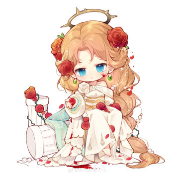 1girl absurdly_long_hair absurdres bare_shoulders barefoot bead_necklace beads blood blood_drip blood_on_clothes blood_on_face blood_on_hands blue_eyes braid brooch brown_hair brown_halo chibi chinese_commentary closed_mouth commentary_request dot_nose downturned_eyes dress earrings expressionless eyelashes flower flower_brooch gown hair_beads hair_flower hair_ornament hair_spread_out halo highres jewelry leaf light_blush light_frown long_dress long_hair long_sleeves looking_at_flowers miracle_nikki necklace nikki_(series) nuli_de_chengzhi_er off-shoulder_dress off_shoulder parted_bangs petals pillar pleated_dress pool_of_blood puffy_long_sleeves puffy_sleeves red_flower red_rose rose rose_petals rose_sea_dream_(miracle_nikki) simple_background single_braid sitting solo sphere_earrings spiked_halo very_long_hair watermark weibo_watermark white_background white_dress white_flower white_rose