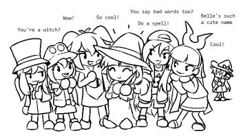 6+girls a_hat_in_time aged_down anubia_(potionomics) arms_up backwards_hat beebz_(demon_turf) behind_another belle_macfae carol_(onirism) demon_turf excited fang frogun_(series) full_body hands_on_own_chin hat hat_kid holding holding_staff lineup little_witch_nobeta looking_at_another monochrome multiple_girls mystik_belle nobeta oekaki onirism pointy_shoes potionomics print_shirt renata_(frogun) shino_(shinokani) shirt shoes single_tooth smile smug staff thumbs_up top_hat witch witch_hat