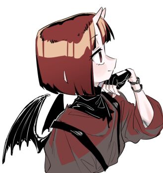 1girl black_gloves chain chain_bracelet commentary dragon_horns dragon_wings fingerless_gloves frogsnake from_side gloves hand_on_own_chin horns japanese_clothes limited_palette medium_hair original red_eyes red_hair red_shirt shirt simple_background smile solo white_background wide_sleeves wings