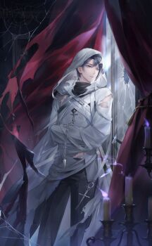 1boy aeon_(shining_nikki) artist_request bare_shoulders black_shirt blue_eyes blue_hair candle candlestand chain cowboy_shot crack cracked_glass cross cross_earrings crossed_arms curtains dress_pants earrings expressionless fire game_cg grey_pants hair_between_eyes highres hole hood hood_up hooded_robe indoors jewelry long_sleeves looking_outside looking_to_the_side male_focus midnight-sun_spirit_(shining_nikki) nikki_(series) official_art pants purple_fire robe shining_nikki shirt silk solo spider_web standing torn_clothes torn_robe torn_sleeves turtleneck turtleneck_shirt white_robe wind