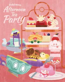 Rule 34 | ^ ^, alcremie, alcremie (strawberry sweet), alcremie (vanilla cream), appletun, cake, cake slice, closed eyes, closed mouth, commentary request, cup, dachsbun, english text, fidough, food, fork, fruit, gen 6 pokemon, gen 8 pokemon, glass, highres, holding, holding food, holding fruit, in container, in cup, milcery, naco oekaki, nintendo, no humans, nostrils, open mouth, parfait, pink background, plate, poke ball symbol, pokemon, pokemon (creature), pokemon focus, polteageist, red eyes, sinistea, sitting, slurpuff, smile, solid oval eyes, strawberry, strawberry cake, sugar cube, swirlix, teacup, teapot, tongue, tongue out, white eyes