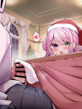 1boy 1girl absurdres blush commentary_request footjob green_eyes hat heart heterochromia highres himemori_luna hololive indoors kanami9731 kotatsu long_hair open_mouth penis pink_hair purple_eyes santa_hat speech_bubble table virtual_youtuber