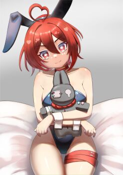 1girl absurdres ahoge animal_ear_hairband animal_ears bare_shoulders black_leotard breasts bright_pupils character_request choker closed_mouth commentary_request commission copyright_request fake_animal_ears futoshi_95 hair_between_eyes hairband heart heart-shaped_pupils highres leotard playboy_bunny rabbit_ear_hairband rabbit_ears red_choker red_eyes shadow short_hair sitting skeb_commission strapless strapless_leotard symbol-shaped_pupils thigh_gap white_pupils white_wrist_cuffs wrist_cuffs