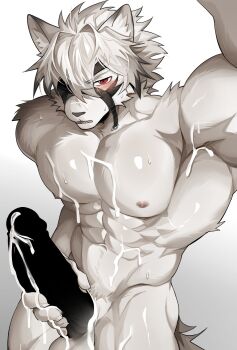 1boy abs animal_ears ao_(chung0u0) bara blush censored colored_tips commentary cum cum_on_armpits cum_on_body ejaculation english_commentary erection eyepatch furry furry_male girthy_penis highres large_penis looking_at_viewer male_focus multicolored_hair muscular muscular_male navel nipples no_pants no_shirt nude one_eye_closed open_mouth pectorals penis simulated_facial sweatdrop tail testicles topless_male underwear von_lycaon wolf_boy wolf_ears wolf_tail zenless_zone_zero