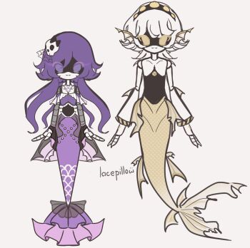 1boy 1girl android beanie black_hat closed_mouth hat highres humanoid_robot lacepillow looking_at_viewer mechanical_arms mermaid mermaid_melody_pichi_pichi_pitch monster_girl murder_drones n_(murder_drones) purple_eyes purple_hair robot short_hair short_sleeves simple_background smile uzi_(murder_drones) white_hair yellow_eyes