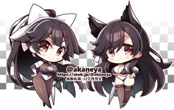 2girls akaneya animal_ears atago_(azur_lane) atago_(stunning_speedster)_(azur_lane) azur_lane bikini black_bikini black_eyes bodystocking bow breasts brown_eyes checkered_background cleavage cleavage_cutout clothing_cutout commission dog_ears elbow_gloves extra_ears gloves highleg highleg_bikini large_breasts leotard long_hair looking_at_viewer mole mole_under_eye multicolored_bikini multicolored_leotard multiple_girls official_alternate_costume planted planted_umbrella race_queen ribbon shrug_(clothing) skeb_commission swimsuit takao_(azur_lane) takao_(full_throttle_charmer)_(azur_lane) taut_bodystocking twitter_username two-tone_bikini two-tone_gloves two-tone_leotard umbrella watermark web_address white_bow white_gloves white_ribbon wrist_cuffs