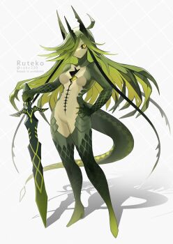 Rule 34 | 1girl, argyle background, colored inner hair, colored sclera, colored skin, commentary request, cracked skin, full body, green hair, green sclera, green skin, hair over one eye, hand on own hip, highres, holding, holding sword, holding weapon, hollow body, horns, lizard tail, long hair, looking at viewer, monster girl, multicolored hair, original, ruteko (ruko220), shadow, slit pupils, solo, standing, sword, tail, very long hair, weapon, white background, yellow eyes