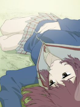 Rule 34 | 1girl, brown eyes, flcl, grass, hands on own stomach, highres, legs, lips, lying, lying on grass, on side, pink punk ponk, samejima mamimi, school uniform, short hair, skirt, solo