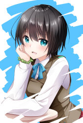 Rule 34 | 1girl, :d, aoi erika, aqua eyes, black hair, blue background, blue ribbon, blush, brown vest, chibinon, collared shirt, commentary, eyes visible through hair, hair between eyes, hand up, happy, head rest, heaven burns red, highres, leaf wreath, long sleeves, looking at viewer, neck ribbon, open mouth, paid reward available, ribbon, school uniform, shirt, short hair, simple background, smile, solo, tsurime, upper body, vest, white shirt, wreath
