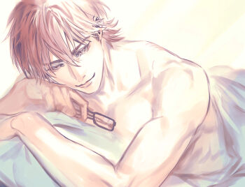 Rule 34 | 1boy, ace of diamond, bed sheet, brown eyes, brown hair, closed mouth, collarbone, commentary request, glasses, hair between eyes, holding, holding removed eyewear, looking at viewer, lying, male focus, miyuki kazuya, nude, on bed, on stomach, pillow, renorenoko, short hair, solo, unworn eyewear