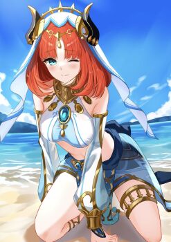 beach blue_eyes blue_skirt blunt_bangs blush breasts closed_mouth crop_top dancer detached_sleeves fake_horns genshin_impact gold_thighlet harem_outfit highres horns large_breasts leaning_forward long_hair long_sleeves looking_at_viewer navel nilou_(genshin_impact) one_eye_closed red_hair sand skirt smile thighlet thighs veil white_veil yattorusen