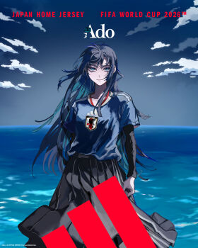 Rule 34 | 1girl, 2026 fifa world cup, adidas, ado (utaite), black shirt, black skirt, blue eyes, blue hair, blue shirt, chando (ado), closed mouth, cloud, commentary request, highres, long hair, mole, mole under eye, official art, orihara (ewkkyorhr), purple eyes, second-party source, shirt, skirt, solo, utaite, world cup