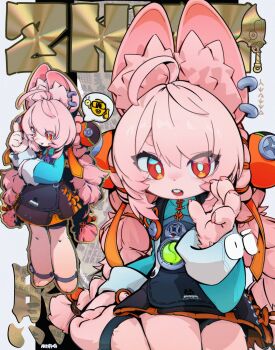 1girl accessories ahoge animal_ear_fluff animal_ears animal_feet anklet bright_pupils character_name chinese_clothes commentary deejey0126 ear_piercing english_commentary full_body furry furry_female green_shirt highres index_finger_raised jewelry long_hair looking_at_viewer medallion multiple_views open_mouth piercing pink_fur pink_hair rabbit_girl red_eyes screw shadow shirt short_eyebrows sitting spoken_emoji teeth thick_eyebrows twintails upper_teeth_only waving white_pupils yokozuwari zenless_zone_zero zhao_(zenless_zone_zero)