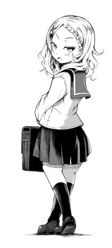 Rule 34 | 1girl, bag, braid, commentary, full body, greyscale, hair ornament, heel up, highres, holding, holding bag, houjou (takagi-san), karakai jouzu no takagi-san, loafers, long sleeves, looking at viewer, looking back, monochrome, open mouth, pleated skirt, school bag, school uniform, serafuku, shiiba aki, shirt, shoes, simple background, skirt, socks, solo, standing, white background