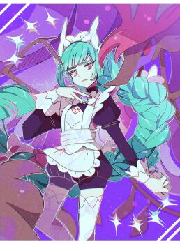 1girl apron black_romper bow bowtie braid dragalge fukkatsu_no_maya gen_6_pokemon green_hair highres holding holding_poke_ball lebanne_(pokemon) long_braid long_hair long_sleeves low_drills maid_apron maid_headdress mega_stone nintendo poke_ball pokemon pokemon_(creature) pokemon_legends:_z-a puffy_sleeves romper star_(symbol) white_bow white_bowtie