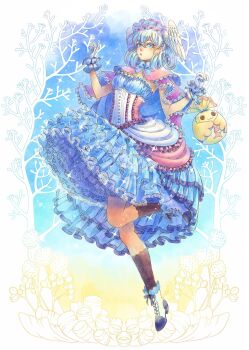 Rule 34 | 1girl, :o, alternate costume, blue background, blue eyes, border, cape, corset, dress, eyelashes, frilled dress, frills, full body, gloves, hair between eyes, hairband, head wings, headdress, highres, lolita fashion, lolita hairband, melia antiqua, open mouth, pink cape, riki (xenoblade), solo, standing, standing on one leg, sweet lolita, vvbert, white border, white gloves, wings, xenoblade chronicles (series), xenoblade chronicles 1