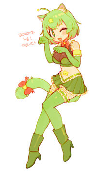 1girl :3 absurdres ahoge alternate_costume animal_ears batrobin_k boots breasts cat_ears cat_girl cat_tail cleavage elbow_gloves fangs full_body gloves green_boots green_eyes green_gloves green_hair green_skirt green_thighhighs high_heel_boots high_heels highres kemono_friends keroro keroro_(kemono_friends) keroro_gunsou korean_text large_breasts looking_at_viewer one_eye_closed pleated_skirt short_hair simple_background skirt solo star-shaped_pupils star_(symbol) symbol-shaped_pupils tail thighhighs white_background