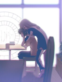 Rule 34 | 2boys, alvis uniform, arms around neck, black hair, blurry, brown hair, chair, commentary request, depth of field, hug, hug from behind, indoors, jacket, long hair, low ponytail, makabe kazuki, male focus, minashiro soushi, multiple boys, nagi (exsit00), on chair, pants, ponytail, restaurant, scene reference, short hair, soukyuu no fafner, table