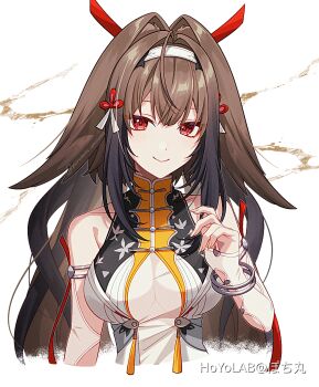 1girl animal_ear_fluff animal_ears armlet bare_shoulders blush bracelet breasts brown_hair china_dress chinese_clothes closed_mouth clover clover_hair_ornament commentary_request dress droopy_ears hair_ornament hairband hand_up highres jewelry large_breasts long_hair metal_bracelet pochimaru_(marumaru_wanwan) red_eyes see-through_clothes silver_armlet silver_bracelet smile solo upper_body very_long_hair white_background white_dress white_hairband ye_shunguang zenless_zone_zero