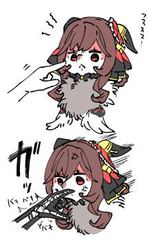 :< anger_vein animal_ears animalization biting biting_finger black_bow black_bowtie bone bow bowtie braid braided_hair_rings broken_bone cheek_poking creature ear_ornament ears_back gentildonna_(umamusume) hair_rings highres horse_ears long_hair motion_lines poking red_eyes sidelocks sound_effects sound_effects_only speed_lines takatsuki_nato umamusume x-ray