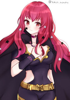 1girl belt bodysuit breasts choker cleavage clothing_cutout facial_mark fire_emblem fire_emblem_engage gold_belt hair_ornament highres long_hair looking_at_viewer medium_breasts nintendo pink_choker purple_bodysuit red_eyes red_hair side_cutout solo star_(symbol) star_facial_mark star_hair_ornament yukichi_(yukichi_rururu) yunaka_(fire_emblem)