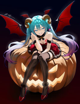 1girl absurdres ahoge bare_shoulders black_thighhighs blue_eyes blue_hair breasts clenched_teeth collarbone colored_tips detached_collar dress hatsune_miku head_wings high_heels highres horns long_hair looking_at_viewer multicolored_hair open_mouth pumpkin purple_hair red_dress sitting skindentation small_breasts solo teeth thighhighs twintails very_long_hair vocaloid wings wuhe2233pz zettai_ryouiki