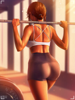 1girl a.x. absurdres ass back bare_arms black_shorts breasts brown_hair commentary_request dated exercising from_behind highres indoors large_breasts original short_hair shorts shoulder_blades sidelocks sports_bra standing sunlight white_sports_bra