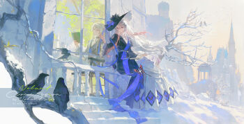 1boy 1girl absurdres animal_print bare_tree bell_sleeves belt bird black_coat black_hat black_jacket black_vest blue_bow blue_ribbon blue_sash book bow brooch bug butterfly butterfly_ornament butterfly_print cael_anselm castle center_frills chair chinese_commentary closed_mouth coat coat_dress commission contrast crack cracked_wall crow cup day dress expressionless feet_out_of_frame frills full_body gown hair_between_eyes hair_ornament hair_ribbon hand_up hat hat_bow hat_ornament hat_ribbon highres holding holding_book holding_cup insect jacket jewelry juliet_sleeves leaf long_coat long_hair long_hair_between_eyes long_sleeves looking_inside looking_to_the_side lovebrush_chronicles mihuashi_commission multicolored_hair muntins noland on_chair on_railing open_book original outdoors pants picture_hat pink_butterfly pink_hair popped_collar print_dress puffy_sleeves purple_eyes railing reading ribbon sash shirt shoulder_sash sidelocks sitting snow sprout star_(symbol) star_hair_ornament star_hat_ornament teacup tree two-tone_hair very_long_hair vest white_belt white_dress white_hair white_pants white_shirt window winter