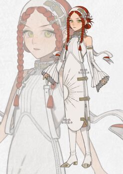 1girl absurdres artist_self-insert boots braid braided_sidelocks commission detached_sleeves dress fashion hair_bun hiamy0la highres multiple_views original red_hair white_background white_dress zoom_layer