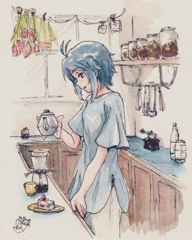 1girl antenna_hair black_hair cake coffee coffee_grinder coffee_maker coffee_pot food highres idolmaster idolmaster_million_live! indoors ishigoromo kikuchi_makoto kitchen microsoft_windows painting_(medium) profile short_hair signature smile solo standing traditional_media watercolor_(medium)