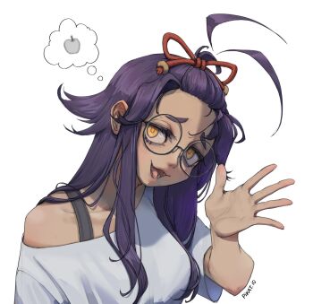 1girl :d ahoge antenna_hair artist_name artist_self-insert bangs_pinned_back breasts collarbone detached_ahoge eyebrows_hidden_by_hair fangs glass hair_over_shoulder hair_ribbon highres indie_virtual_youtuber looking_at_viewer nose open_mouth pikat pikat_(vtuber) purple_hair red_ribbon ribbon shirt short_sleeves simple_background single_bare_shoulder single_off_shoulder smile solo speech_bubble tassel teeth thick_eyebrows thought_bubble upper_body virtual_youtuber waving white_background white_shirt yellow_eyes