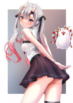1girl arms_behind_back blouse chest_belt grin hair_ribbon highres hololive horns long_hair looking_at_viewer looking_back nakiri_ayame nakiri_ayame_(streetwear) oni poyoyo_(nakiri_ayame) red_eyes red_hair ribbon shirt skin-covered_horns skirt sleeveless sleeveless_shirt smile solo terra_bose twintails virtual_youtuber white_hair