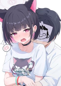 1boy 1girl absurdres animal_ears black_choker black_hair blue_archive blush cat_ears choker collared_shirt colored_inner_animal_ears colored_inner_hair commentary_request doodle_sensei_(blue_archive) embarrassed extra_ears hair_ornament hairpin halo haluka_o0 hetero highres hug kazusa_(band)_(blue_archive) kazusa_(blue_archive) multicolored_hair official_alternate_costume open_mouth paper_on_head pink_eyes pink_hair pink_halo print_shirt sensei_(blue_archive) shirt short_hair short_sleeves simple_background smelling spoken_blush sweat two-tone_hair white_background white_shirt