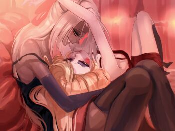 2girls black_dress black_pantyhose blonde_hair charlie_morningstar colored_skin commentary deardemon1933 dress english_commentary grey_skin hazbin_hotel hellaverse highres lap_pillow multiple_girls pantyhose red_dress red_eyes smile unfinished vaggie white_hair yellow_eyes yuri