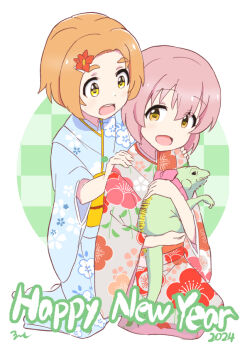 2024 2girls :d aayh animal blue_kimono blush brown_eyes checkered_background commentary_request floral_print flower forehead grey_kimono hair_flower hair_ornament hairclip happy_new_year hyou-kun idolmaster idolmaster_cinderella_girls iguana japanese_clothes kimono kneeling koga_koharu long_sleeves multiple_girls new_year obi open_mouth orange_hair parted_bangs pink_hair print_kimono red_flower ryuzaki_kaoru sash seiza short_eyebrows simple_background sitting smile teeth thick_eyebrows upper_teeth_only white_background wide_sleeves yellow_eyes