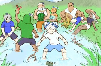 3girls 5boys ^_^ animal animal_head arm_up beard bird_boy blindfold_mask blonde_hair blue_shirt blue_shorts brown_hat closed_eyes closed_mouth covered_eyes crab dark-skinned_female dark_skin doll_joints double_bun duchess_(elden_ring) elden_ring elden_ring_nightreign executor_(elden_ring) eye_mask facial_hair flower_wreath food fruit full_body grass green_jacket guardian_(elden_ring) hair_bun hat head_wreath helmet holding holding_animal holding_food holding_fruit holding_net holding_watermelon hood hood_up ironeye_(elden_ring) jacket joints long_hair mask multiple_boys multiple_girls orange_shirt orange_shorts outdoors raider_(elden_ring) recluse_(elden_ring) revenant_(elden_ring) shirt shorts smile standing sugulu t-shirt talons tank_top watermelon white_hair white_shirt white_shorts white_tank_top winged_helmet wylder_(elden_ring)