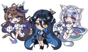 Rule 34 | :d, ahoge, airi kanna, animal ear fluff, animal ears, antlers, arnyang (ayatsuno yuni), ayatsuno yuni, black hair, black hairband, black jacket, black ribbon, blue hair, blush stickers, breasts, brown hair, chibi, chibi only, closed mouth, colored inner hair, crop top, cropped shirt, drooling, eruthu, fang, gangzi (vtuber), grey eyes, grey hair, grey shirt, grey skirt, hair between eyes, hair intakes, hair ribbon, hairband, hand on own hip, hashtag-only commentary, horns, jacket, long bangs, long hair, looking at viewer, midriff, miniskirt, mouth drool, multicolored hair, navel, open clothes, open jacket, open mouth, outstretched arms, parted bangs, pleated skirt, purple eyes, raised inner eyebrows, ribbon, scales (airi kanna), shirt, simple background, skirt, smile, spread arms, standing, star-shaped pupils, star (symbol), stellive, symbol-shaped pupils, tail, very long hair, wavy hair, white background, white shirt, white skirt, yellow eyes