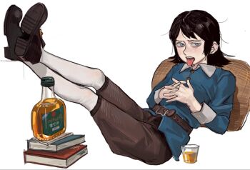 1boy abaddon_(haunted_hotel) abaddon_(human)_(haunted_hotel) alcohol blue_coat blue_eyes book brown_hair coat commentary_request crossed_legs cup drinking_glass haunted_hotel korean_commentary long_hair looking_at_viewer male_focus min_do-sik own_hands_clasped own_hands_together pillow shot_glass simple_background tongue tongue_out white_background