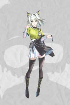 1girl alternate_costume animal_ears animated animated_gif arknights black_boots black_skirt black_thighhighs blinking boots cat_ears full_body green_eyes green_shirt grey_background hair_intakes hamilundenongdizhe hand_up holding holding_syringe kal&#039;tsit_(arknights) knee_boots lace-up_boots live2d long_sleeves looking_at_viewer shirt short_hair skirt solo standing syringe thighhighs two-tone_skirt white_hair white_skirt
