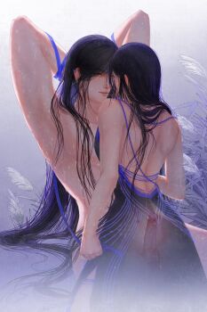 backless_dress backless_outfit bound bound_wrists chang_le_an clothed_female_nude_male commentary_request dress erection highres long_hair love_and_deepspace nude penis very_long_hair water water_drop wet wet_hair zayne_(love_and_deepspace)