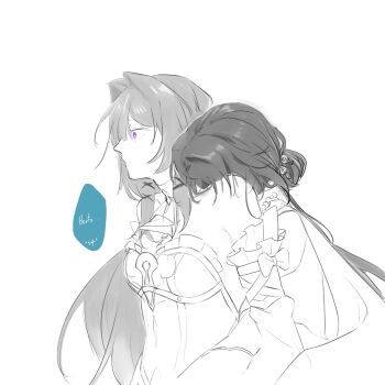 2girls bare_shoulders chewinggum_p commentary dress english_commentary greyscale hair_intakes herta_(honkai:_star_rail) highres honkai:_star_rail honkai_(series) hug hug_from_behind jewelry key key_necklace long_hair monochrome multiple_girls necklace purple_eyes ruan_mei_(honkai:_star_rail) speech_bubble spot_color the_herta_(honkai:_star_rail) yuri