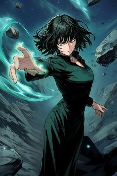 1girl angry aura dress fubuki_(one-punch_man) green_dress green_eyes looking_at_viewer medium_hair one-punch_man outdoors pointing psychic psychic_powers rock rubble serious short_hair sky standing