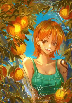 1girl absurdres bare_shoulders blue_sky breasts brown_eyes camisole cleavage collarbone commentary food fruit green_camisole highres large_breasts light_blush looking_at_viewer mandarin_orange nami_(one_piece) one_piece open_mouth orange_hair orange_tree outdoors qing_han_geng_(sunwind9426) short_hair shoulder_tattoo sky smile solo tattoo teeth upper_body upper_teeth_only