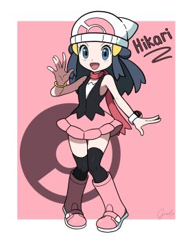 Rule 34 | 1girl, :d, absurdres, black shirt, black socks, blue eyes, blue hair, boots, border, character name, dawn (pokemon), full body, garloo, hair ornament, hairclip, hat, highres, kneehighs, long hair, looking at viewer, nintendo, open mouth, outside border, pink background, pink boots, pink skirt, poke ball symbol, pokemon, pokemon dppt, red scarf, scarf, shirt, signature, skirt, sleeveless, sleeveless shirt, smile, socks, solo, standing, white border, white hat